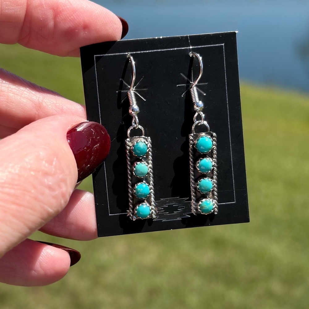 Navajo Made Kingman Turquoise Sterling Silver Dangle Earrings